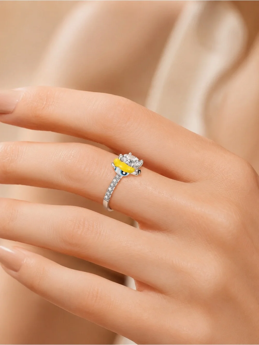 Playful Yellow Enamel Character Solitaire Ring - Women Jewelry
